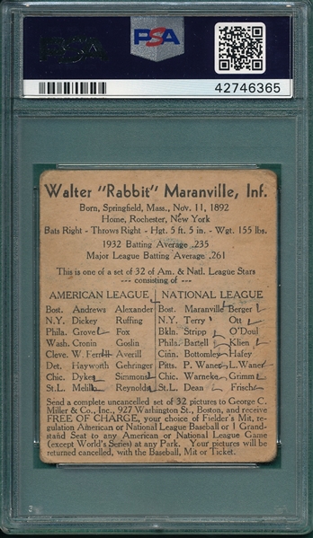 1933 George C. Miller Maranville PSA 1 (MK)