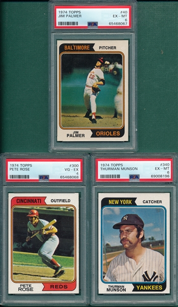 1974 Topps #40 Palmer, #340 Munson & #300 Rose, Lot of (3) PSA 