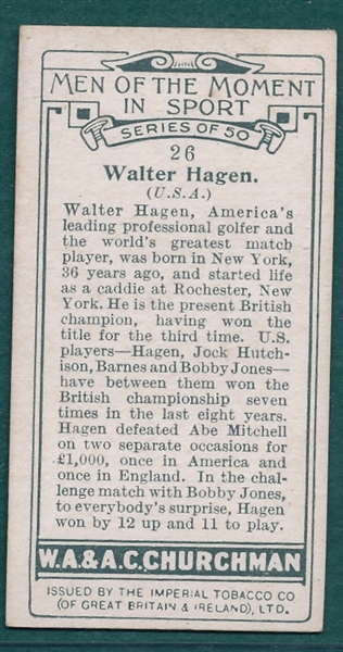 1928 Churchman's, Small, #26 Walter Hagen, Men Of The Moment In Sport