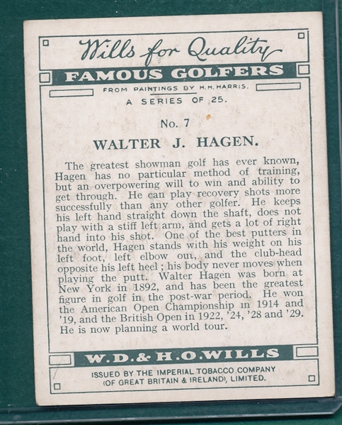 1930 #7 Walter Hagen, W. D. & H. O. Wills 