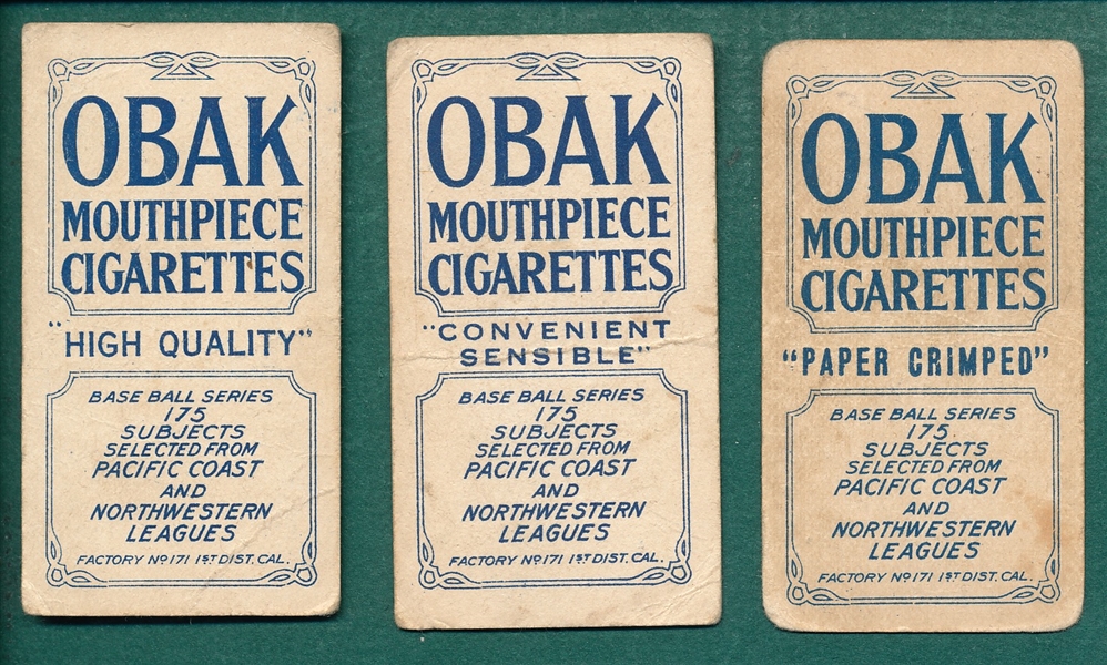 1910 T212-2 Lewis, Streib & Tennant, Lot of (3), Obak Cigarettes