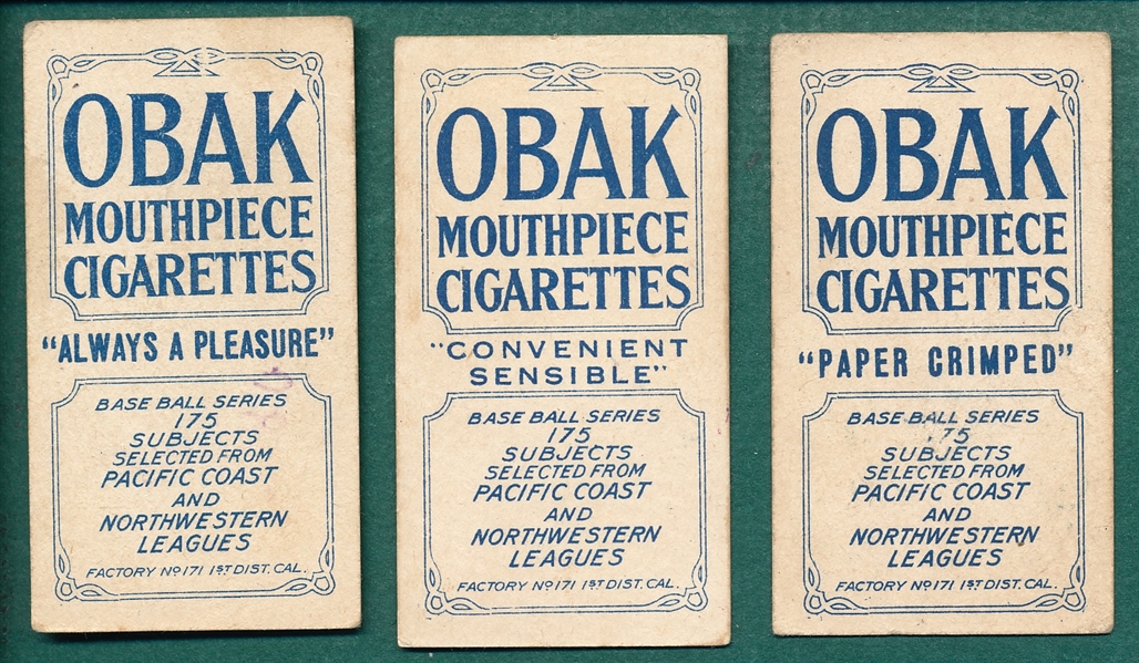 1910 T212-2 Kippert, Shaw & Sutor, Lot of (3), Obak Cigarettes