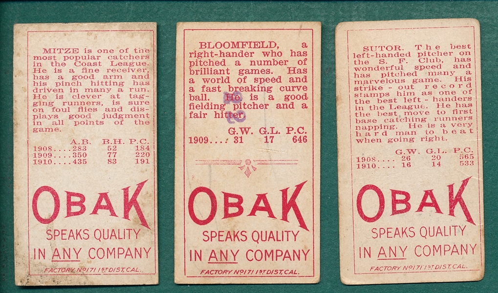 1911 T212-3 Mitze, Sutor & Bloomfield, Lot of (3), Obak Cigarettes