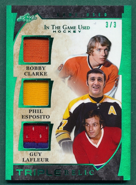 2023 Leaf In the Game Used Hockey, Triple Relic, GTR-2 Clarke, P. Esposito & Lafluer, 3/3