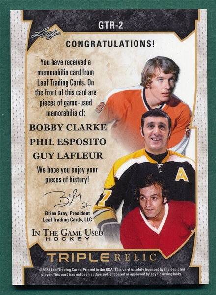 2023 Leaf In the Game Used Hockey, Triple Relic, GTR-2 Clarke, P. Esposito & Lafluer, 3/3