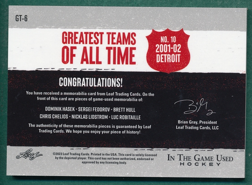 2023 Leaf In the Game Used Hockey, Greatest Teams, GT-6 Red Wings, 2/3