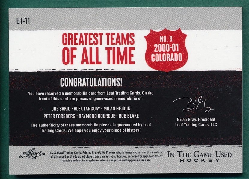 2023 Leaf In the Game Used Hockey, Greatest Teams, GT-11 Avalanche, 3/3