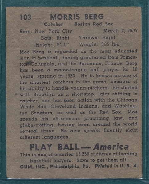 1939 Play Ball #103 Morris Berg