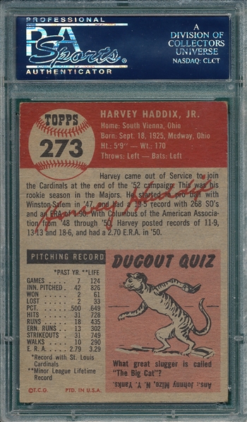 1953 Topps #273 Harvey Haddix PSA 6 *Hi #* *Rookie*