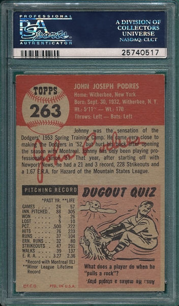 1953 Topps #263 John Podres PSA 5 *Hi #* *Rookie*