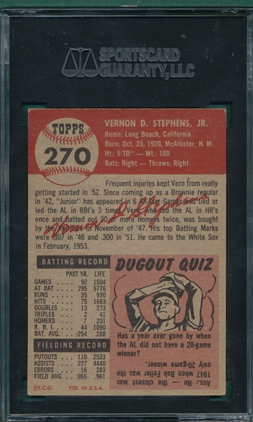 1953 Topps #270 Vern Stephens SGC 60 *Hi #* 