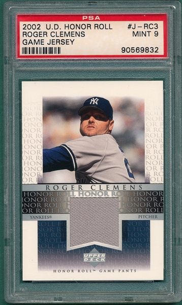 2002 UD Honor Roll #J-RC3 Roger Clemens, Game Jersey, PSA 9