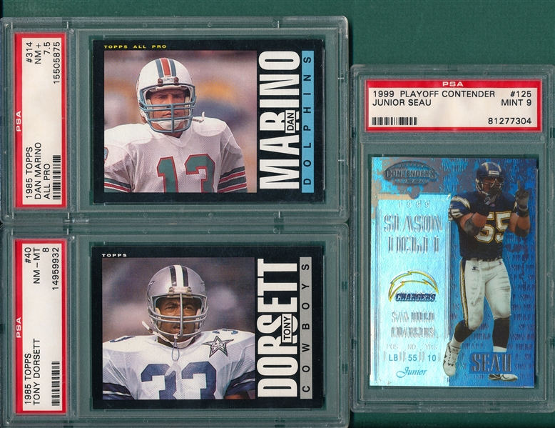 1985 Topps Football Dorsett, Seau & Marino, Lot of (3) PSA