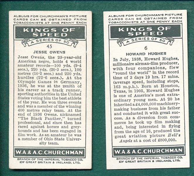 1939 Churchman's Kings of Speed #6 Hughes & #45 Jesse Owens, Lot of (2)