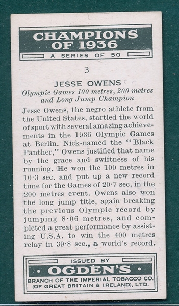 1937 Ogden's Cigarettes #3 Jesse Owens