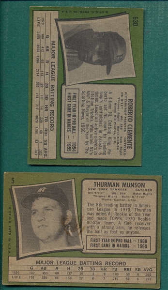 1971 Topps #5 Munson & #630 Clemente, Lot of (2)