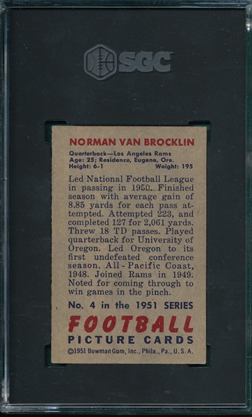 1951 Bowman Football #4 Norm Van Brocklin SGC 5.5