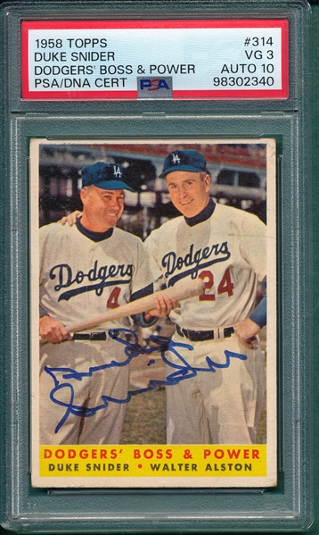 1958 Topps #314 Dodgers Boss & Power, W/ Snider, PSA Authentic *Signed*