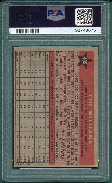 1958 Topps #485 Ted Willliams, AS, PSA 3