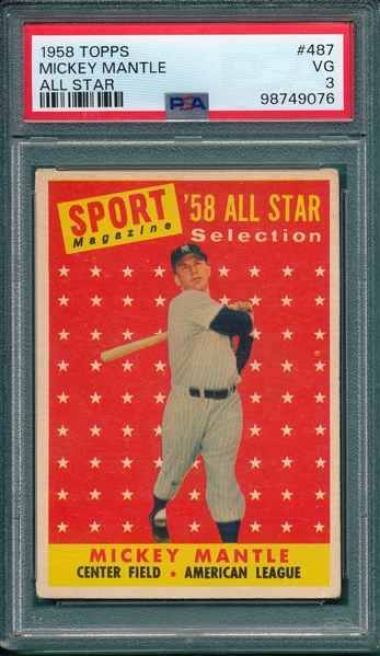 1958 Topps #487 Mickey Mantle, AS, PSA 3