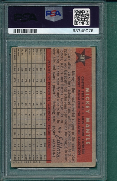 1958 Topps #487 Mickey Mantle, AS, PSA 3