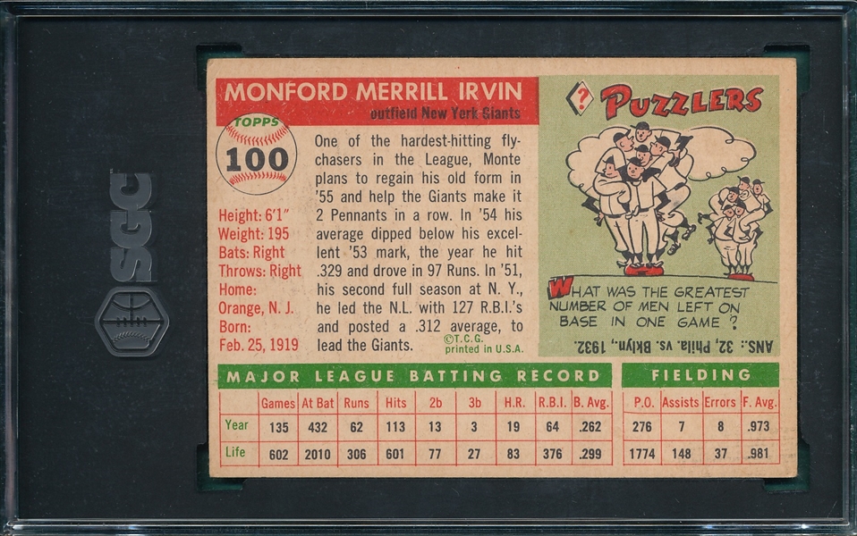 1954 Topps #100 Monte Irvin SGC 4.5