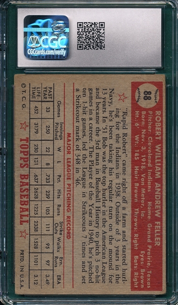 1952 Topps #88 Bob Feller CGC 2.5