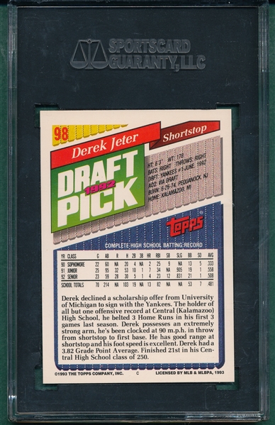 1993 Topps #98 Derek Jeter, Rookie, SGC 98 *Gem Mint*