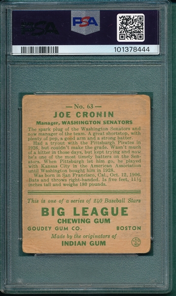 1933 Goudey #63 Joe Cronin PSA 2