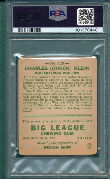1933 Goudey #128 Chuck Klein PSA 2