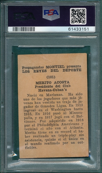 1946 Propagandas Monteil Los Reyes del Deporte, #101 Merito Acosta PSA 1