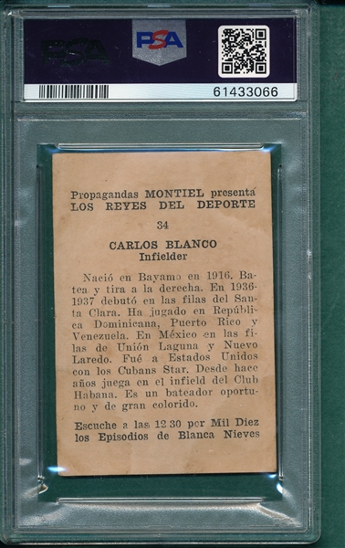 1946 Propagandas Monteil Los Reyes del Deporte, #34 Carlos Blanco, PSA 1.5