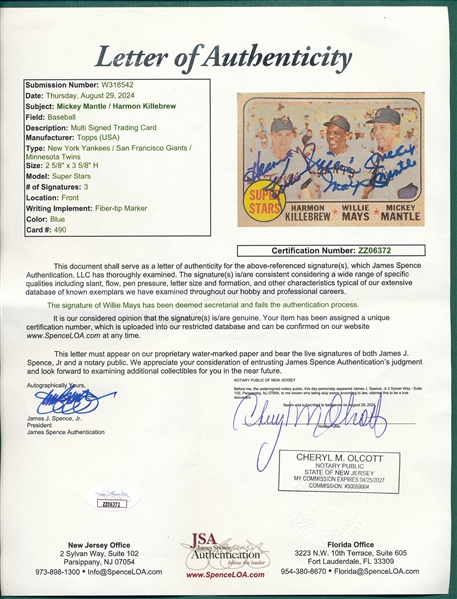 1968 Topps #490 Superstars W/ Mays, Killebrew & Mantle, Signed JSA