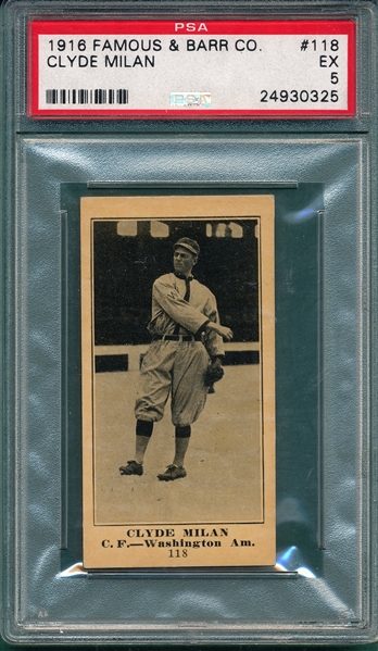 1916 M101-5 #118 Clyde Milan, Famous & Barr Co. PSA 5