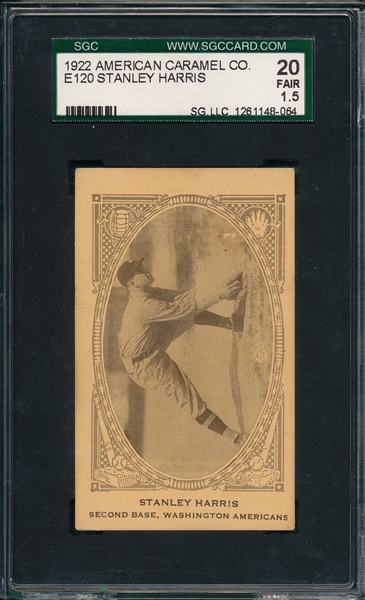 1922 E120 Stanley Harris American Caramel Co. SGC 20 *Stamped Back*