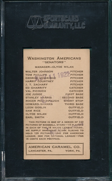 1922 E120 Stanley Harris American Caramel Co. SGC 20 *Stamped Back*