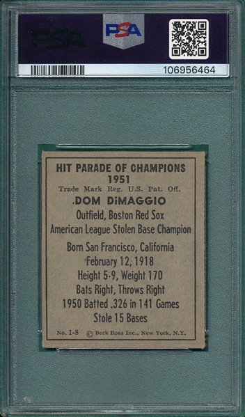 1951 Berk Ross #1-8 Dom DiMaggio PSA 5