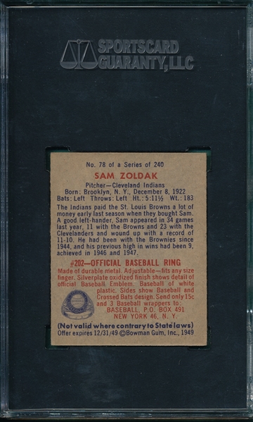 1949 Bowman #78 Sam Zoldak SGC 80 *Name On Front*