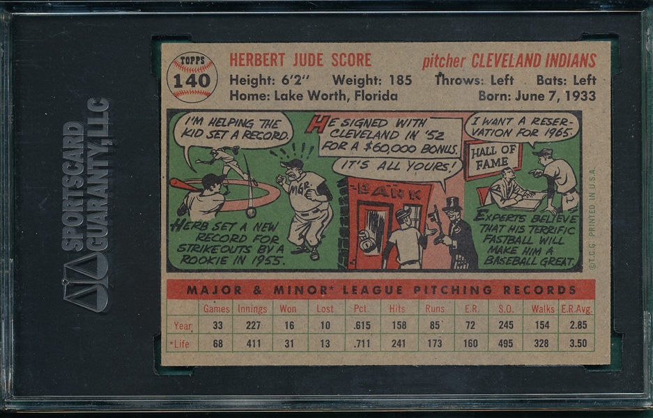 1956 Topps #140 Herb Score SGC 84 *Rookie*