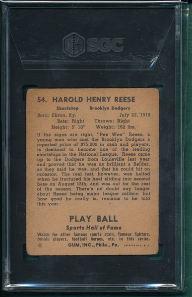 1941 Play Ball #54 Pee Wee Reese SGC 2 *Rookie*