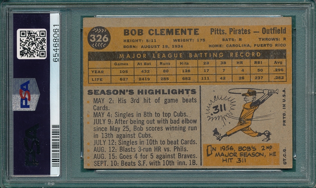 1960 Topps #326 Bob Clemente PSA 4