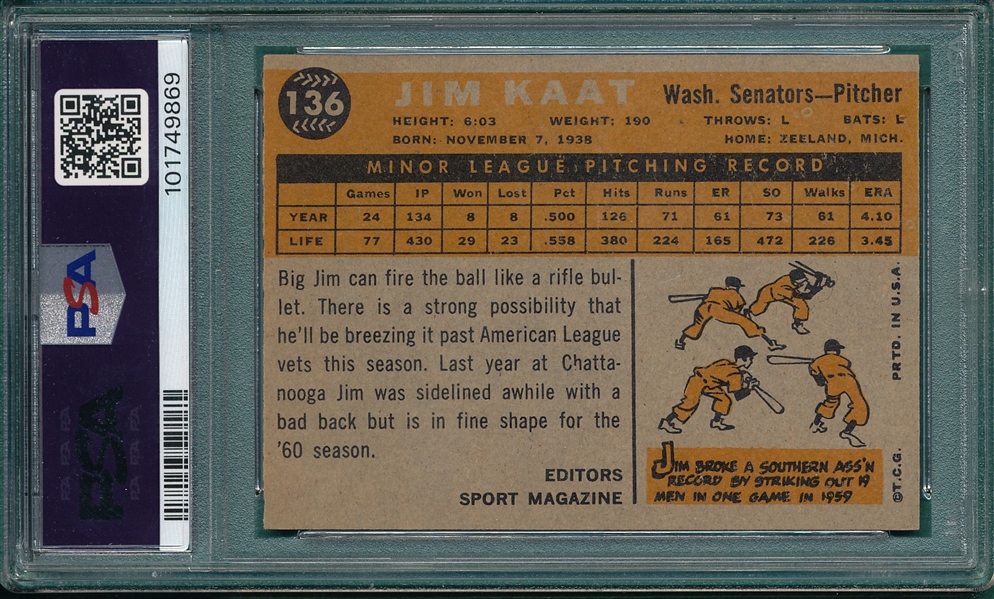 1960 Topps #136 Jim Kaat PSA 6 *Rookie*