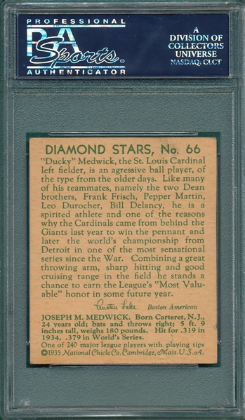 1934-36 Diamond Star #66 Ducky Medwick PSA 3