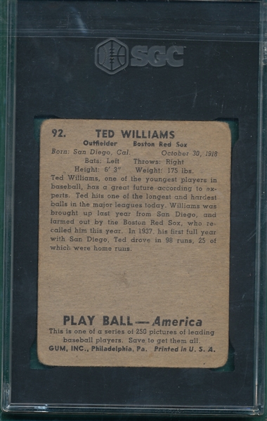 1939 Play Ball #92 Ted Williams SGC 1 *Rookie*