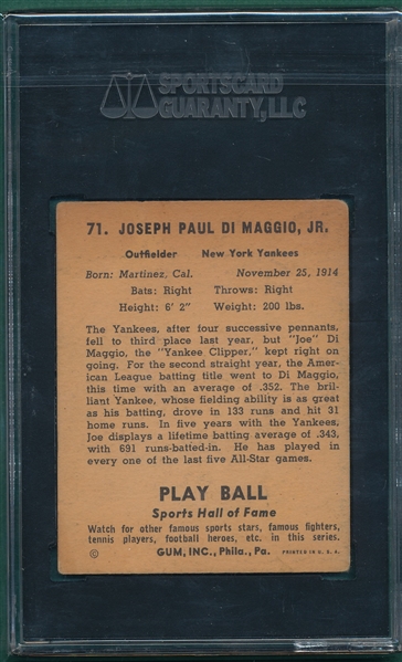 1941 Play Ball #71 Joe DiMaggio SGC 3