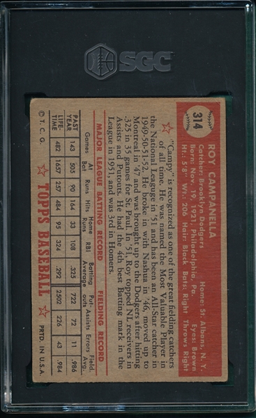1952 Topps #314 Roy Campanella SGC 4 *Hi #*
