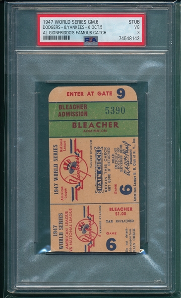 1947 World Series Game 6 Ticket Stub PSA 3
