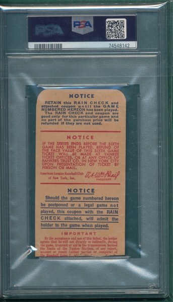 1947 World Series Game 6 Ticket Stub PSA 3