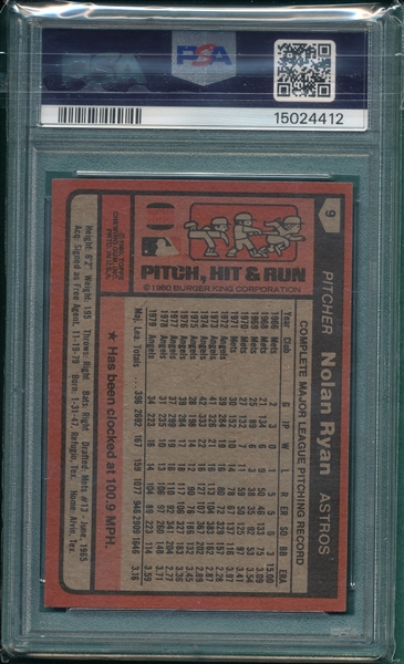1980 Burger King #9 Nolan Ryan PSA 9
