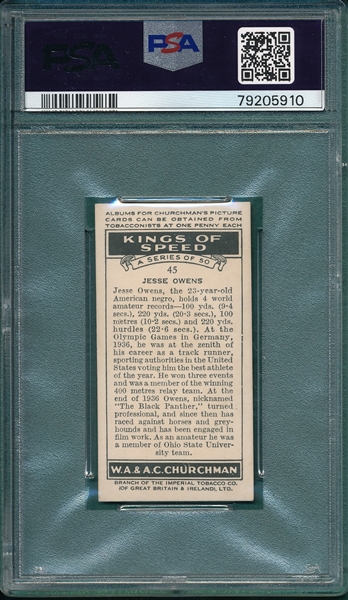 1939 Churchman's Kings of Speed #45 Jesse Owens PSA 3